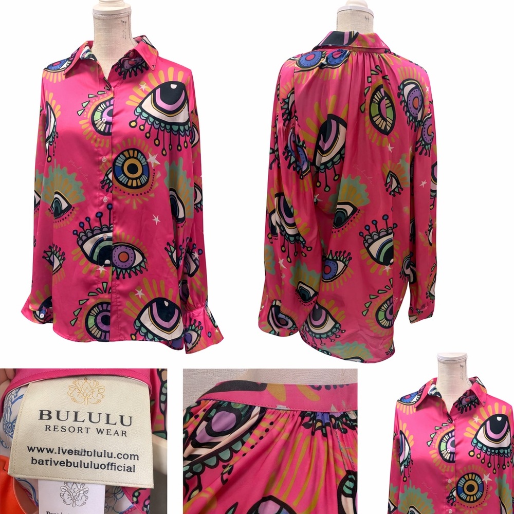 BULULU Women's Pink Eye Print Button Down Shirt
